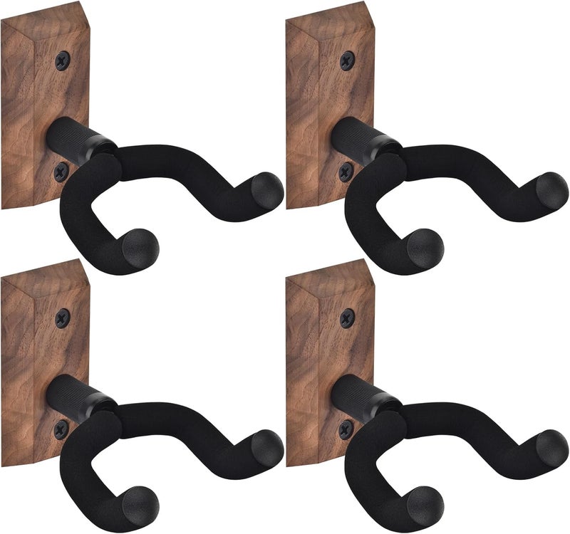 MOREYES Guitar Wall Mount 4 Pack, Guitar Wall Hangers with Rotatable Soft Guitar Hook for All Size Guitars, Hardwood U-Shaped Guitar Holder for Acoustic Guitar, Bass, Easy to Install, Black Walnut - Image 1